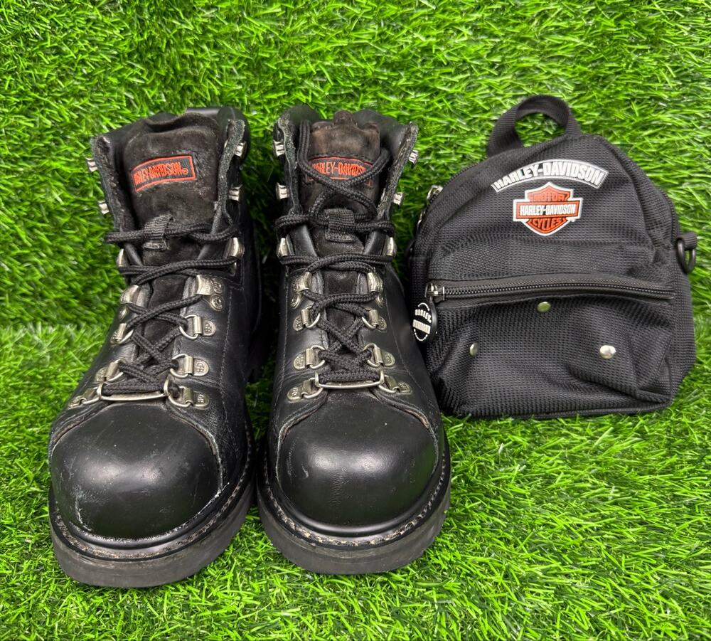 Harley Davidson Womens Size 6.5 Black Leather Safety Toe Boots Mini Backpack Lot